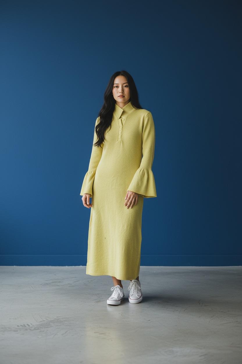 Trendmoona Sarı Polo Yaka Uzun Triko Elbise