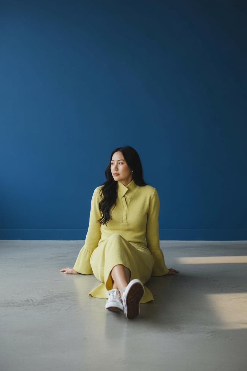 Trendmoona Sarı Polo Yaka Uzun Triko Elbise