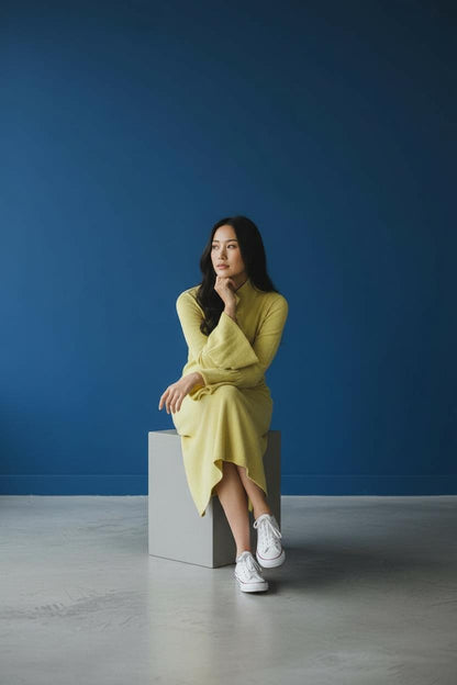 Trendmoona Sarı Polo Yaka Uzun Triko Elbise