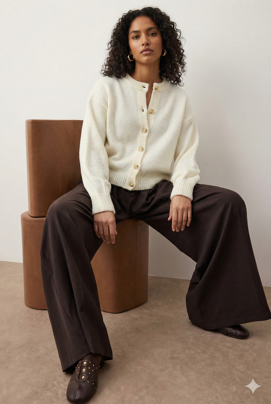 Trendmoona Ekru Düğme Detaylı Yumuşak Dokulu Ceket Görünümlü Triko Hırka