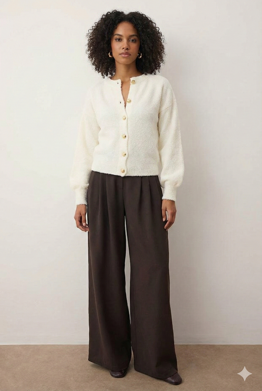 Trendmoona Ekru Düğme Detaylı Yumuşak Dokulu Ceket Görünümlü Triko Hırka