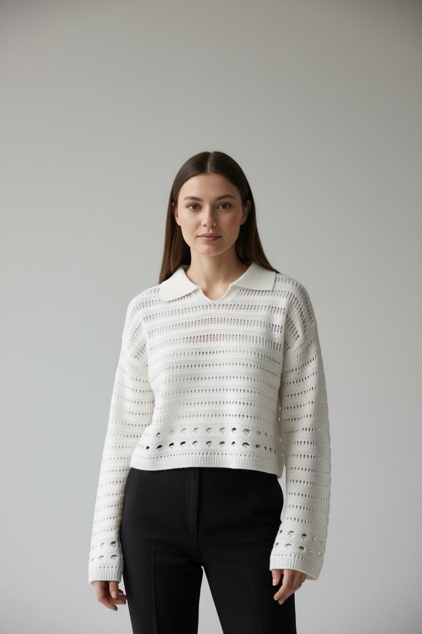 Kadın Polo Yaka Ajurlu Triko Kazak