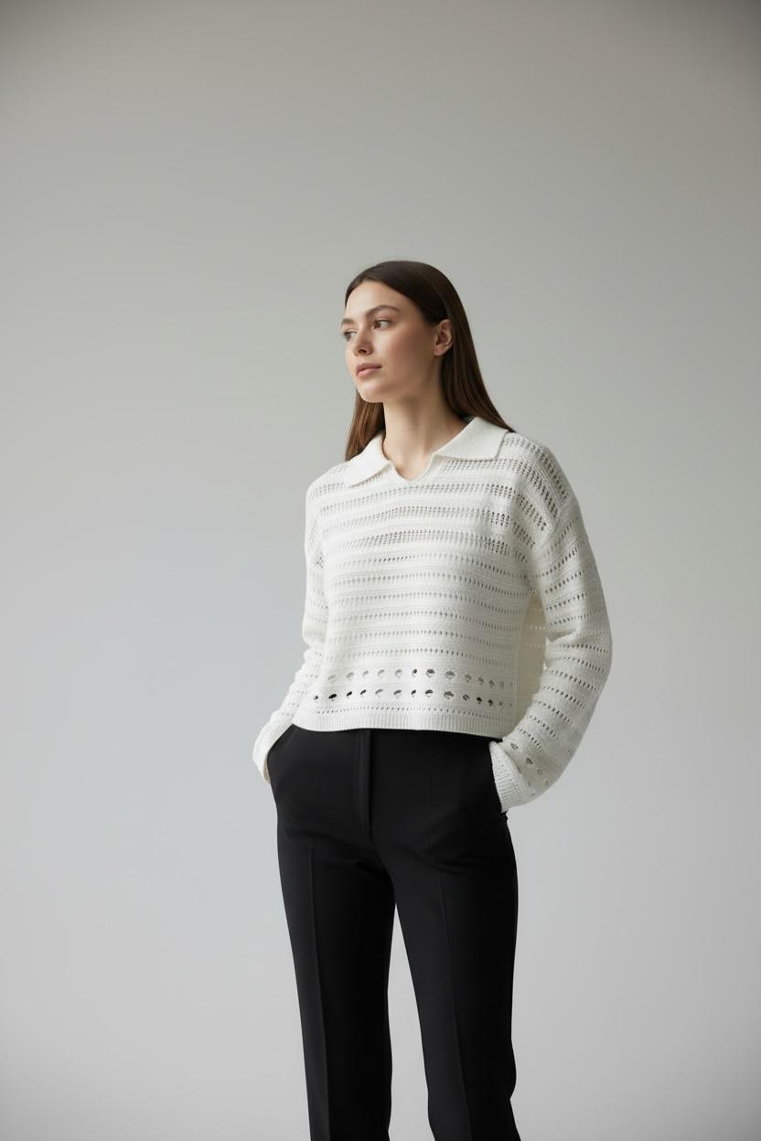 Kadın Polo Yaka Ajurlu Triko Kazak