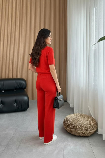 Trendmoona Kırmızı Triko Takım Bluz Pantolon Set
