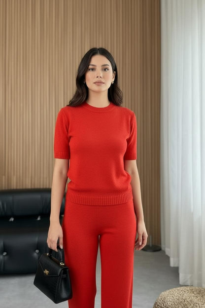 Trendmoona Kırmızı Triko Takım Bluz Pantolon Set