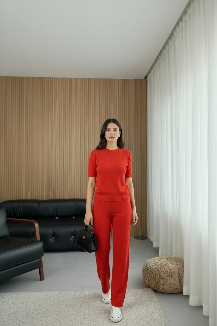 Trendmoona Kırmızı Triko Takım Bluz Pantolon Set