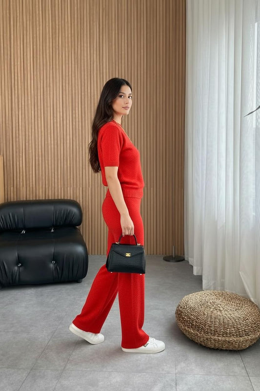 Trendmoona Kırmızı Triko Takım Bluz Pantolon Set