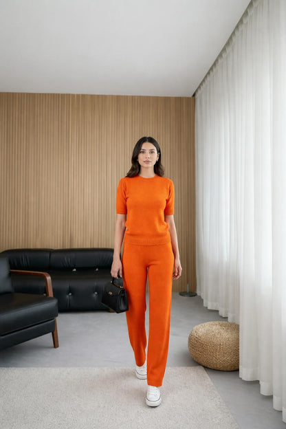 Trendmoona Turuncu Triko Takım Bluz Pantolon Set